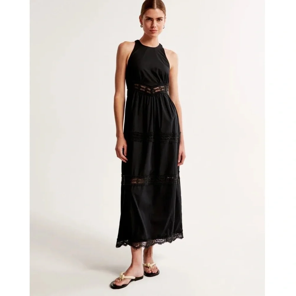 Abercrombie & Fitch Black Maxi Dress with Lace Insets XSP
